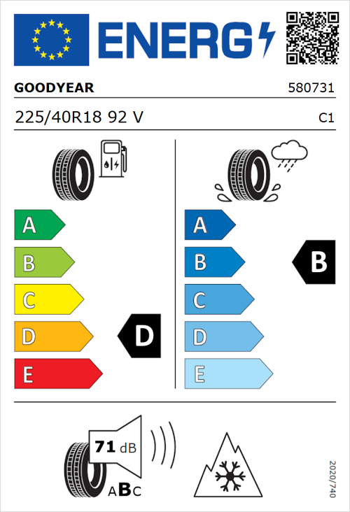 Tyre Label for Goodyear UltraGrip Performance 3 225/40R18 92V