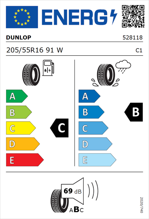 Tyre Label for Dunlop SP SportMaxx RT 205/55R16 91W