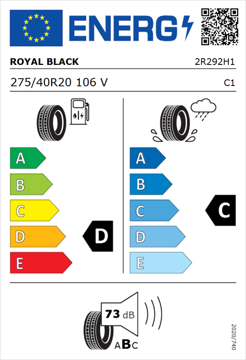 Tyre Label for Royal Black Performance 275/40R20 106V